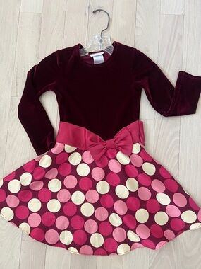 Girls Burgundy Velvet Top Polka Dot Skirt Dress with Bow